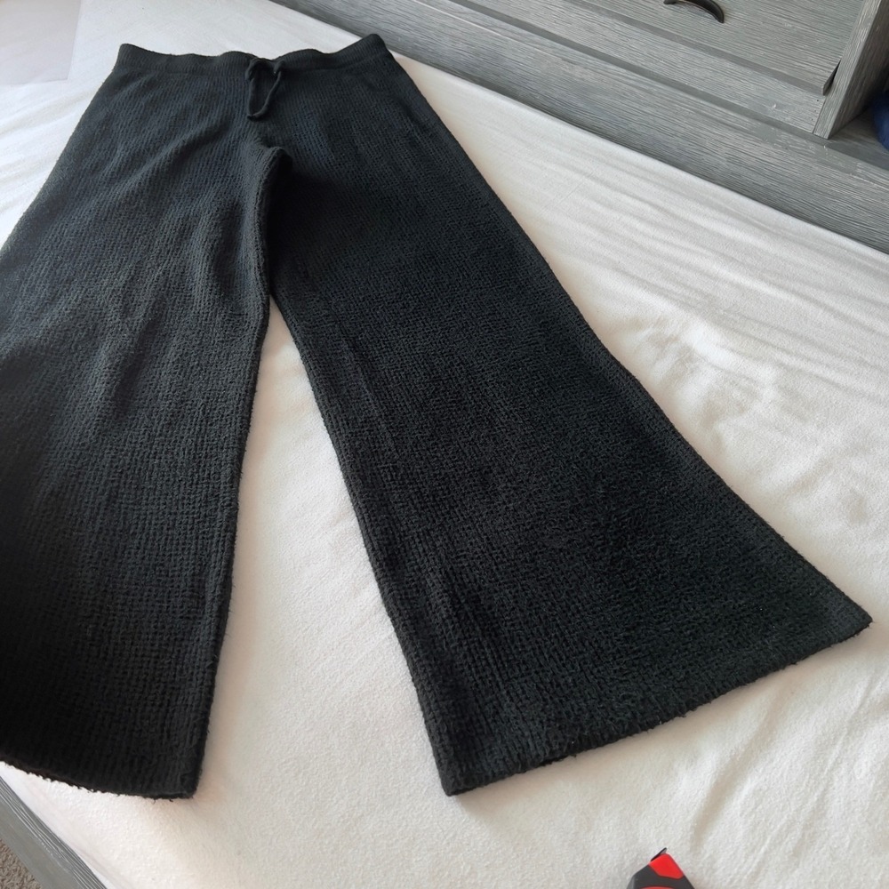 Aerie Wide Leg Lounge Pants Black Waffle Knit Drawstring Size Medium Cozycore